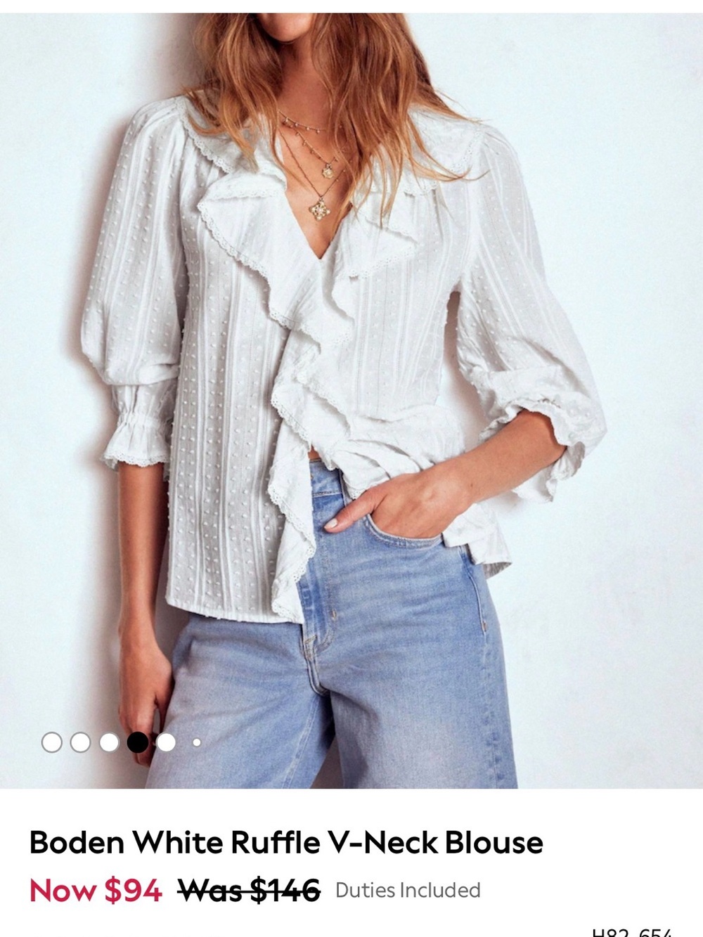 Boden White Ruffled V-Neck Dot-Textured Blouse
